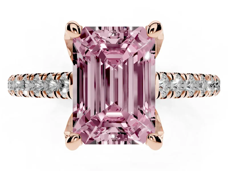 Fancy Pink Emerald Cut Diamond Solitaire Ring Set in Rose gold with Brilliant Pavé Band and Prong Setting