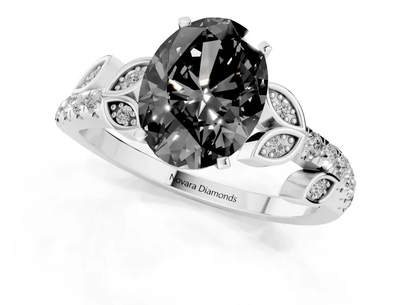 Fancy Black Oval Cut Diamond Solitaire Leaf-Inspired Ring Set in Platinum with Pavé Band and Prong Setting