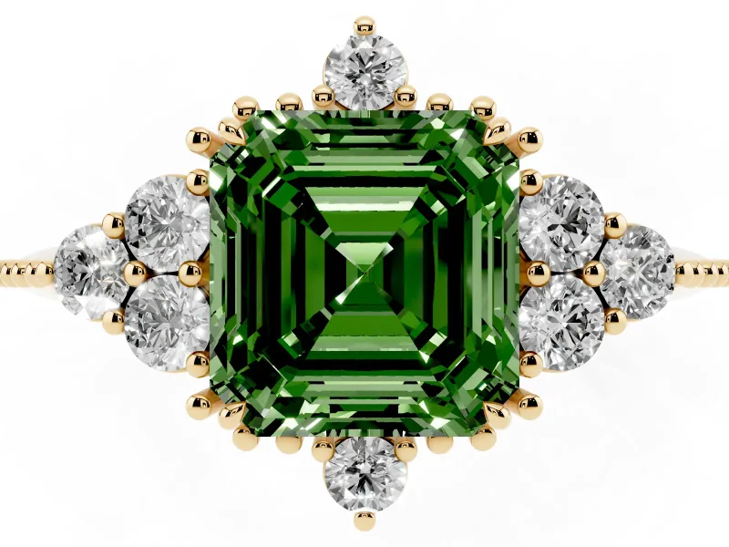 Asscher Cut Cluster Engagement Ring Setting for a Fancy Green Lab-Grown Diamond | Yellow Gold