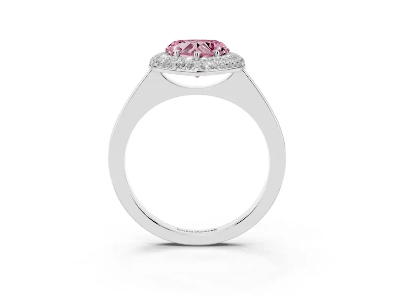 Fancy Pink Heart Cut Diamond Halo Engagement Ring Set in White gold with Solitaire Band and Prong Setting