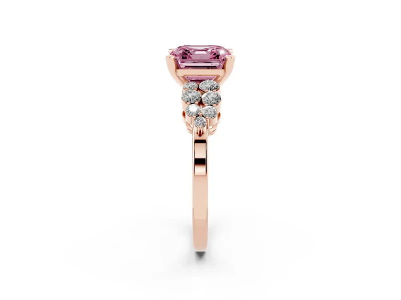 Asscher Cut Side Stone Engagement Ring Setting for a Fancy Pink Lab-Grown Diamond | Shoulder Clusters | Rose Gold