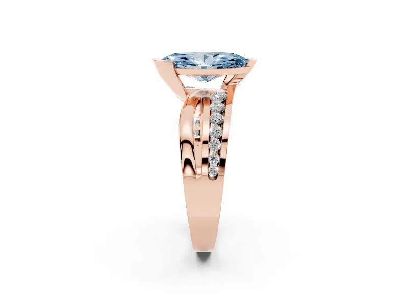 Fancy Blue Marquise Cut Diamond Solitaire Ring Set in Rose gold with Channel Set Split Shank and Tension Prongs