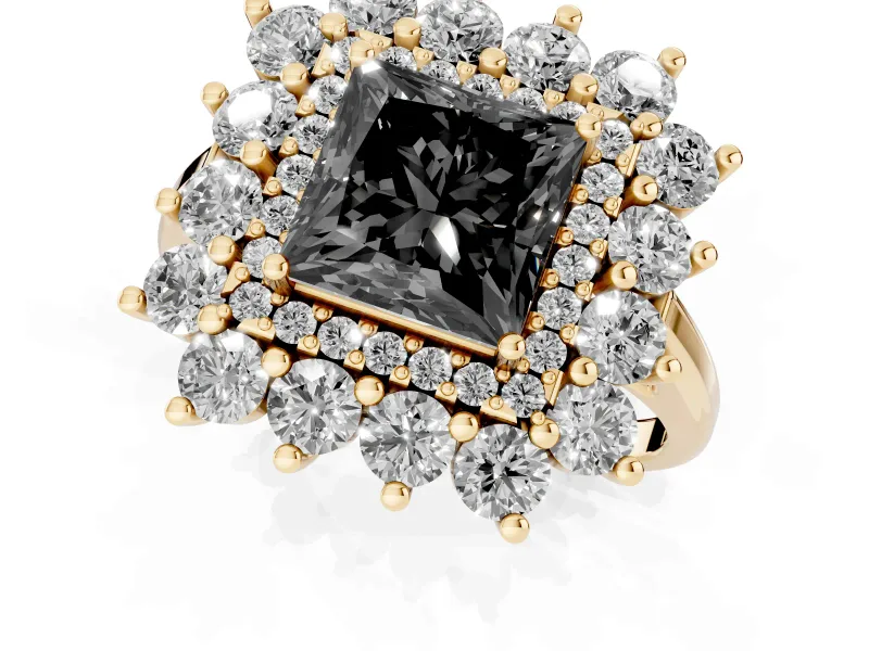 Princess Cut Floral Halo Engagement Ring Setting for a Black Center | Plain Band | Yellow Gold