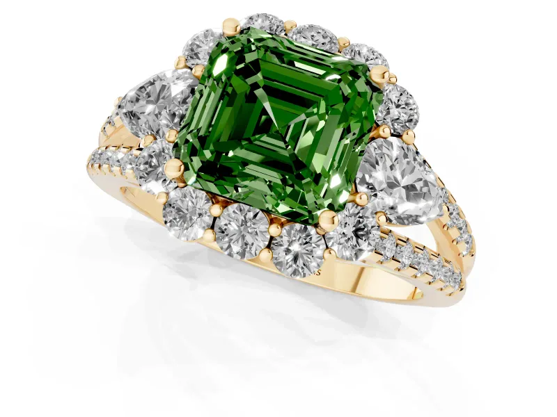 Fancy Green Asscher Cut Diamond Halo Split Shank Engagement Ring Set in Yellow gold with Prong-Held Center Stone