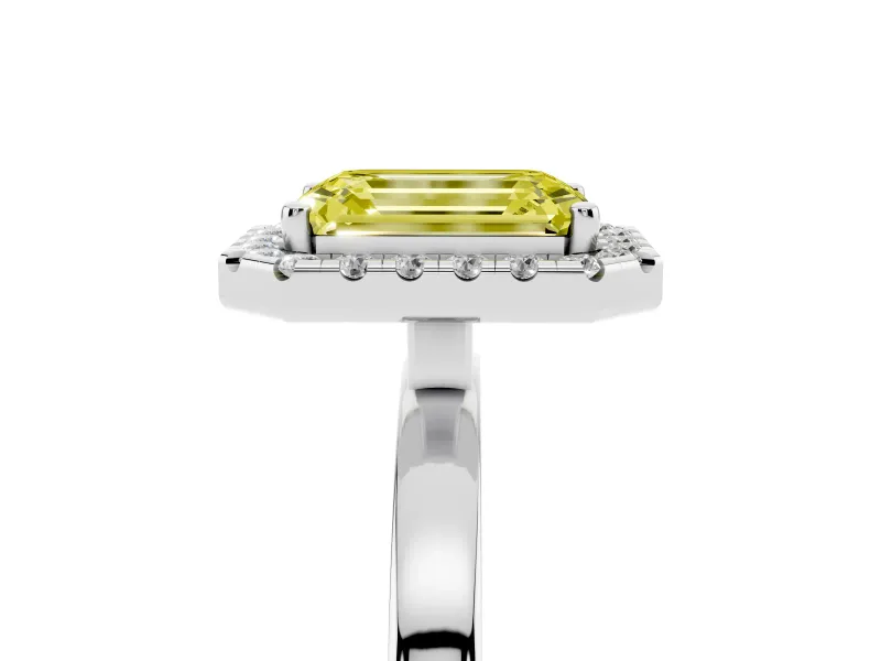 Fancy Yellow Emerald Cut Diamond Halo Solitaire Ring Set in White gold with Pavé Band and Prong Setting