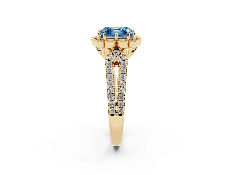 Asscher Cut Floral Halo Engagement Ring Setting for a Fancy Blue Lab-Grown Diamond | Pavé Split Shank | Yellow Gold