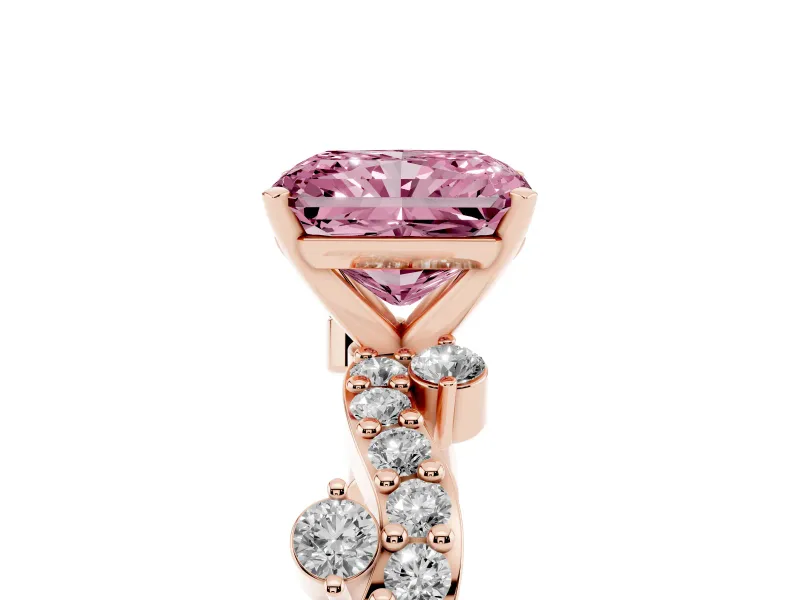 Fancy Pink Radiant Cut Diamond Solitaire Twisted Band Set in Rose gold with Pavé Setting