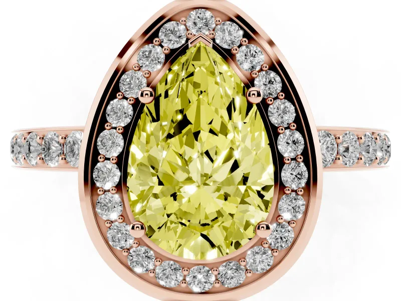 Fancy Yellow Pear Cut Diamond Halo Ring Set in Rose gold with Bezel Frame and Pavé Band