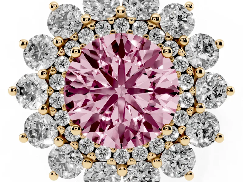 Round Floral Double Halo Engagement Ring Setting for a Fancy Pink Lab-Grown Diamond | Plain Band | Yellow Gold