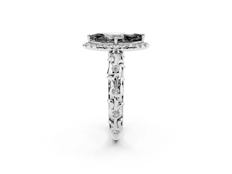Marquise Leaf Halo Engagement Ring Setting for a Black Center | Bezel Accents | White Gold