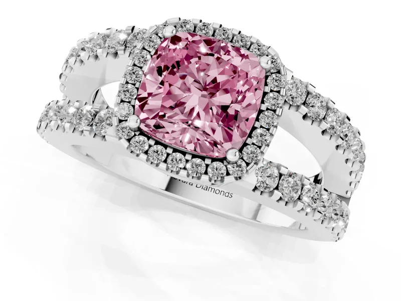 Fancy Pink Cushion Cut Diamond Halo Ring Set in White gold with Pavé Split Shank and Prong Setting