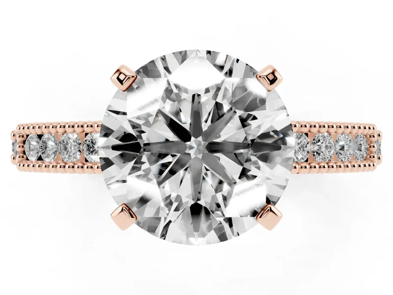 Round Cut Diamond Solitaire Ring Set in Rose gold with Slim Pavé Band and Prong Setting