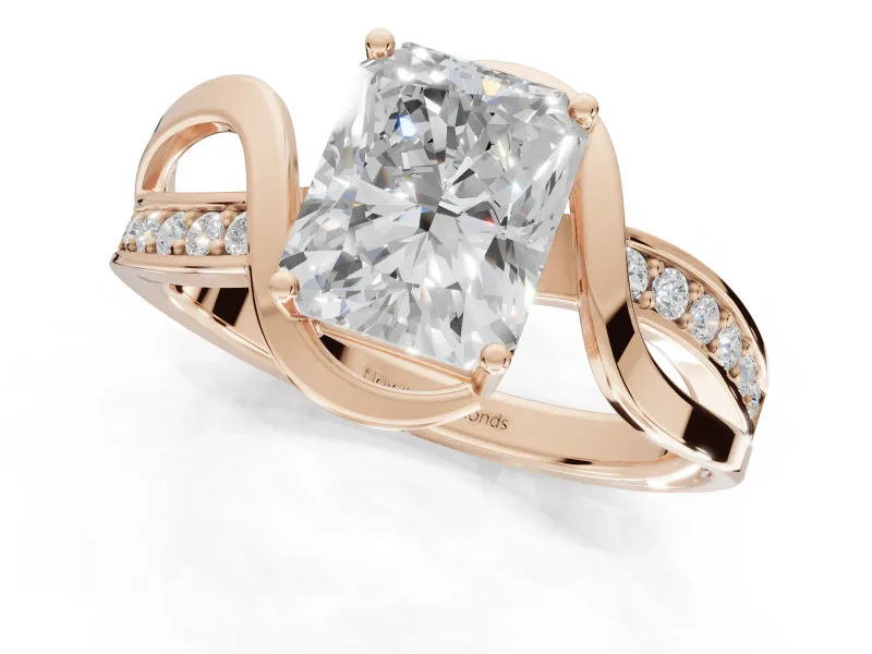 Radiant Cut Bypass Solitaire Engagement Ring Setting | Pavé and Plain Strands | Rose Gold