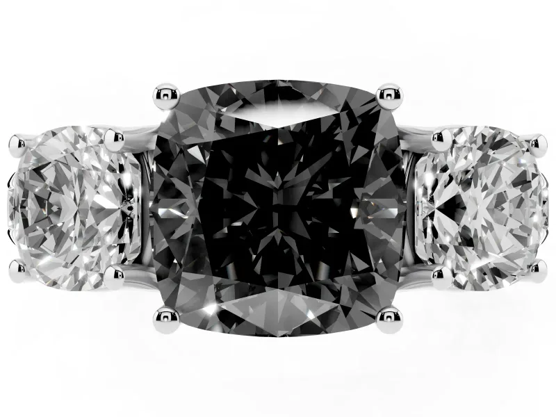 Fancy Black Cushion Cut Diamond Three-Stone Ring Set in Silver with Pavé Band