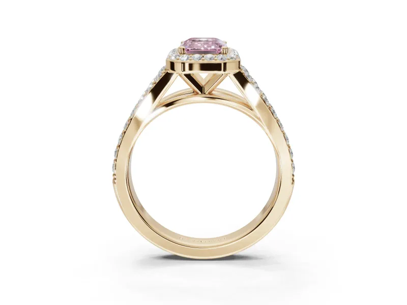 Emerald Cut Halo Pavé Engagement Ring Setting for a Fancy Pink Lab-Grown Diamond | Narrow Split Shank | Yellow Gold