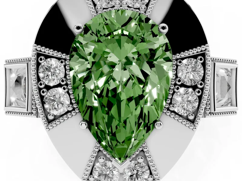 Fancy Green Pear Cut Diamond Milgrain Halo Ring Set in Platinum with Split Shank