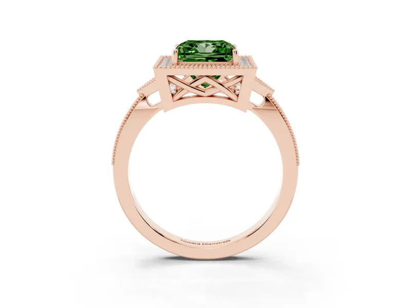 Fancy Green Princess Cut Diamond Halo Engagement Ring Set in Rose gold with Milgrain Pavé Band