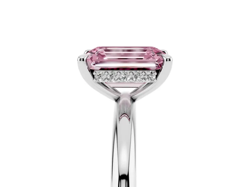 Fancy Pink Emerald Cut Diamond Solitaire Ring Set in Silver with Thin Band and Prong Setting