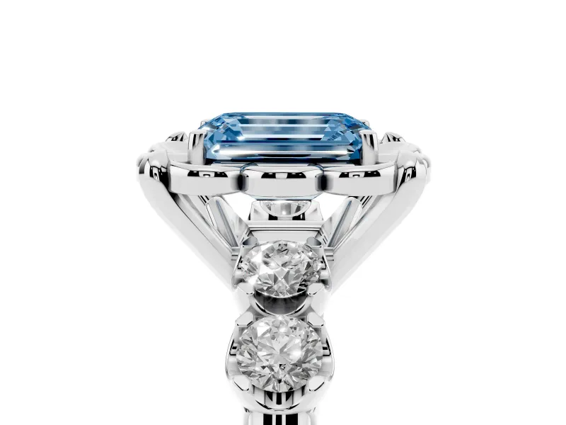 Emerald Cut Floral Engagement Ring Setting for a Fancy Blue Lab-Grown Diamond | Petal Frame and Side Stones | White Gold