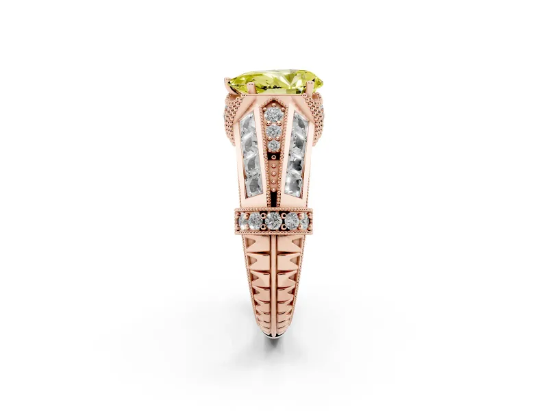 Fancy Yellow Pear Cut Diamond Vintage-Inspired Milgrain Ring Set in Rose gold with Accent Split Shank