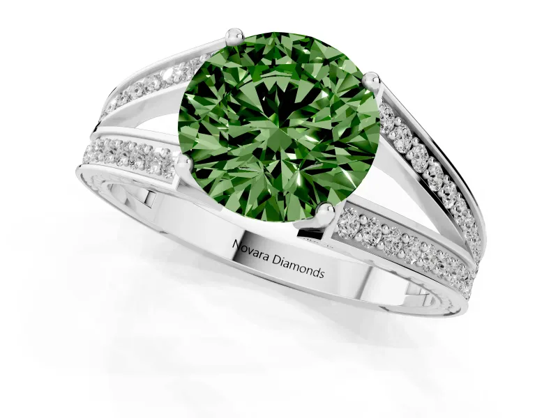 Fancy Green Round Cut Diamond Split Shank Ring Set in Silver with Pavé Band and Prong Setting