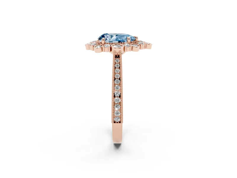 Pear-Shaped Scalloped Halo Engagement Ring Setting for a Fancy Blue Lab-Grown Diamond | Milgrain Edges | Rose Gold