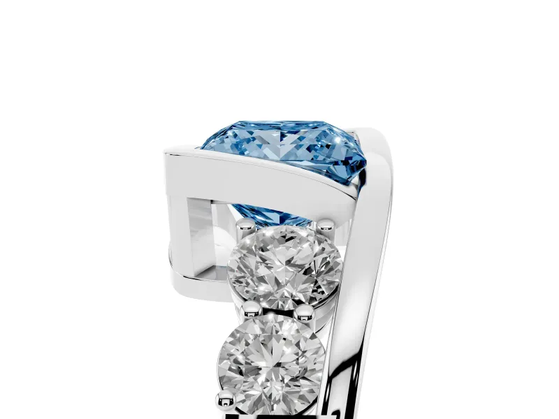 Fancy Blue Princess Cut Diamond Bezel Bypass Ring Set in Silver with Round Accents