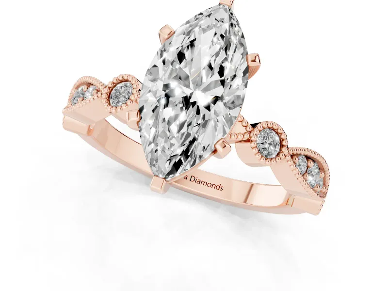 Marquise Cut Diamond Solitaire Engagement Ring Set in Rose gold with Milgrain Bezel Accent Band