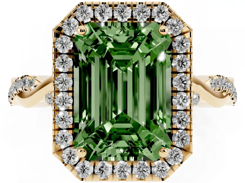 Emerald Cut Twist Halo Engagement Ring Setting for a Fancy Green Lab-Grown Diamond | Yellow Gold