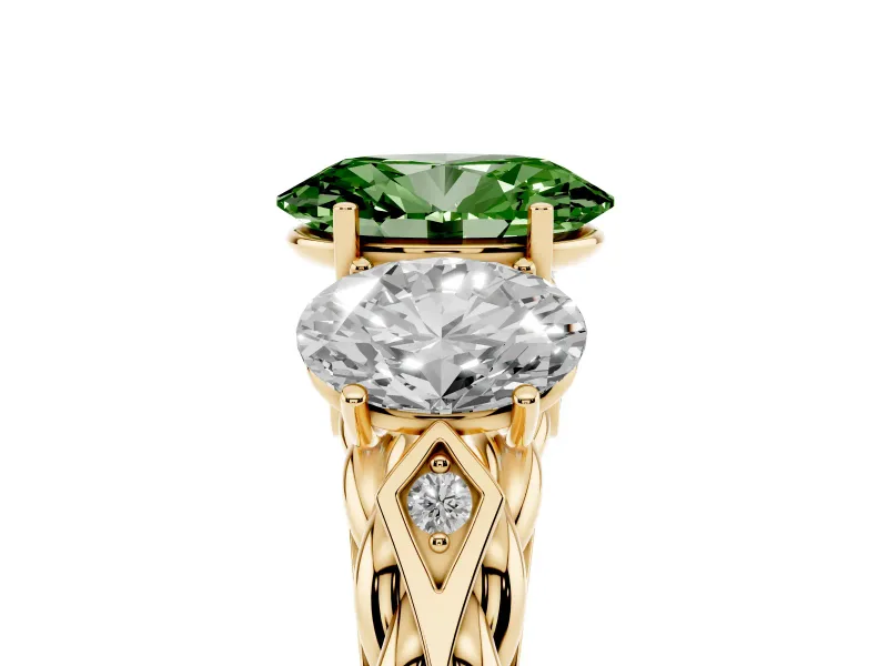 Oval Three Stone Engagement Ring Setting for a Fancy Green Lab-Grown Diamond | Braided Band | Yellow Gold