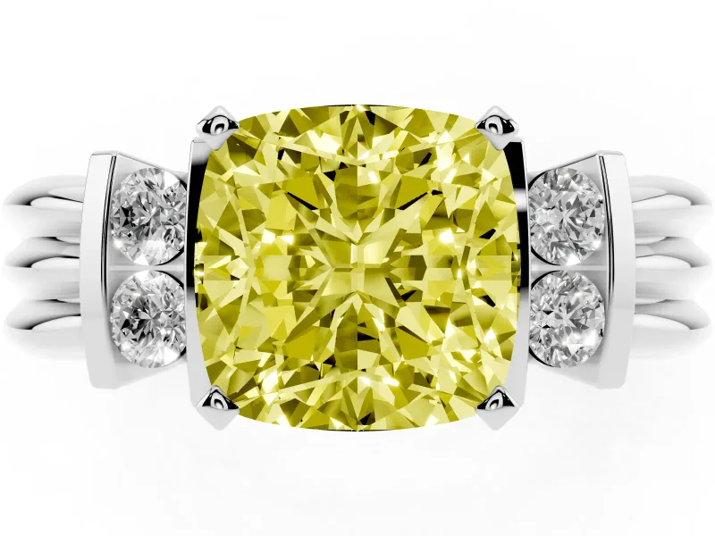 Fancy Yellow Three-Stone Cushion Cut Diamond Channel Set Ring Set in White gold with Bar Prongs