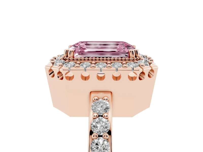 Emerald Cut Milgrain Halo Engagement Ring Setting for a Fancy Pink Lab-Grown Diamond | Pavé Shoulders | Rose Gold