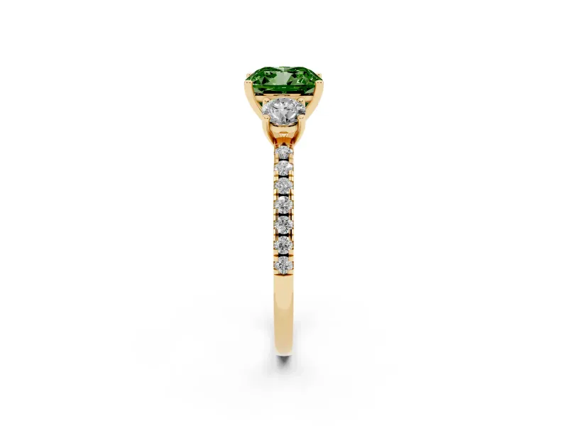 Cushion Cut Three Stone Engagement Ring Setting for a Fancy Green Lab-Grown Diamond | Pave Shoulders | Yellow Gold