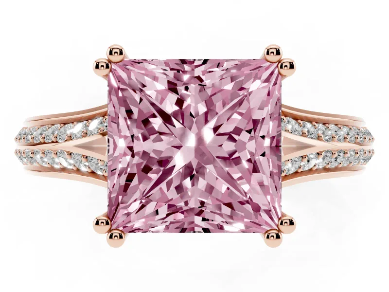 Princess Cut Split Shank Engagement Ring Setting for a Fancy Pink Lab-Grown Diamond | Pave Band | Rose Gold