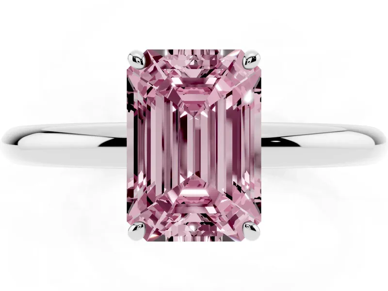 Fancy Pink Emerald Cut Diamond Solitaire Ring Set in Platinum with Prong Setting on a Polished Plain Band