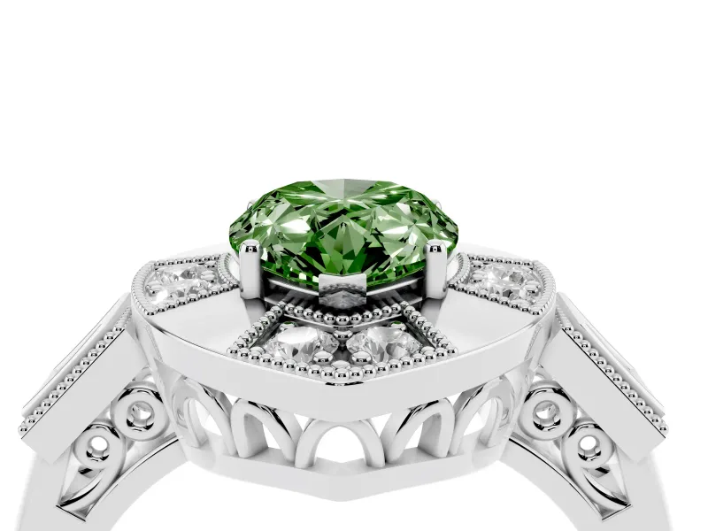 Fancy Green Pear Cut Diamond Milgrain Halo Ring Set in White gold with Split Shank