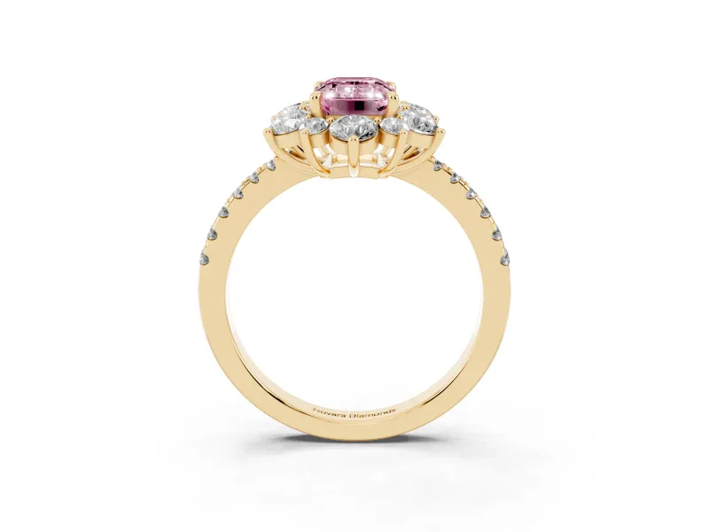 Fancy Pink Emerald Cut Diamond Floral Halo Ring Set in Yellow gold with Round Pavé Band and Prong Setting