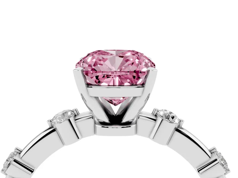 Fancy Pink Cushion Cut Diamond Solitaire Ring Set in White gold with Bezel Set Side Stones and Prong Setting