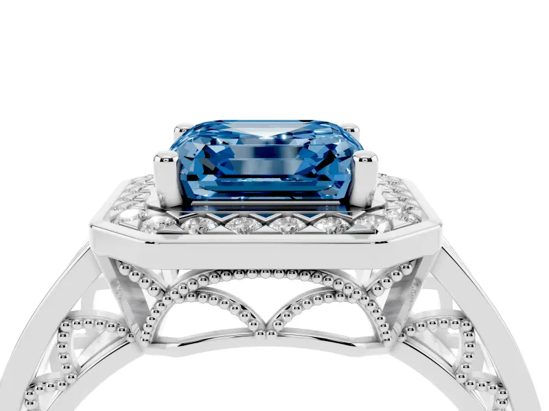 Asscher Cut Halo Engagement Ring Setting for a Fancy Blue Lab-Grown Diamond | Channel-Set Split Shank | Sterling Silver