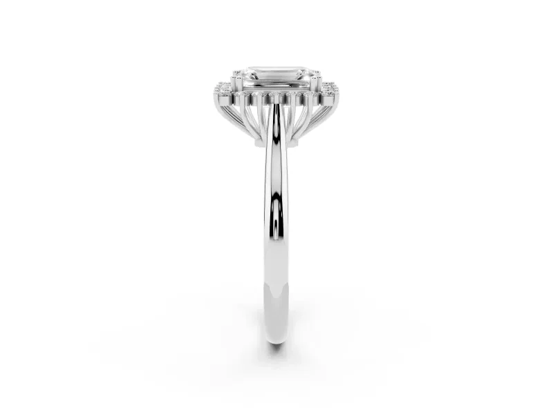 Emerald Cut Starburst Halo Engagement Ring Setting | Thin Plain Band | Sterling Silver