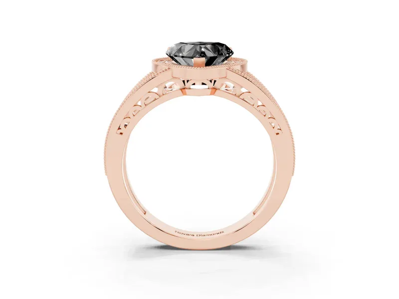 Fancy Black Heart Cut Diamond Halo Ring Set in Rose gold with Accent Split Shank and Prong Setting