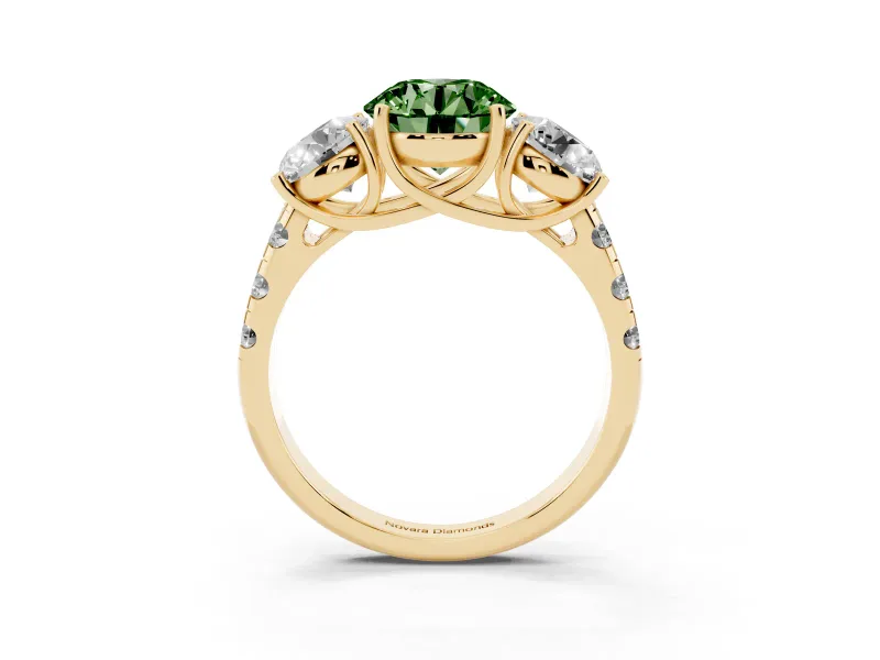Round Three Stone Engagement Ring Setting for a Fancy Green Lab-Grown Diamond | Accented Shoulders | Yellow Gold