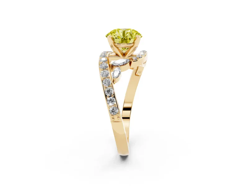 Fancy Yellow Round Cut Diamond Solitaire Ring Set in Yellow gold with Pavé Twist Band and Secure Prong Setting