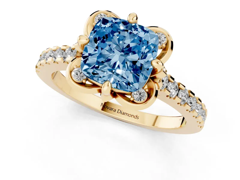 Cushion Cut Floral Petal Engagement Ring Setting for a Fancy Blue Lab-Grown Diamond | Petal Accents | Yellow Gold