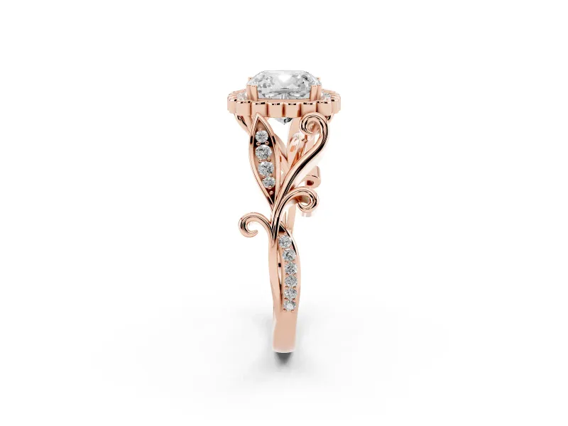 Cushion Cut Vintage Leaf Halo Engagement Ring Setting | Graduated Vine Shank | Rose Gold