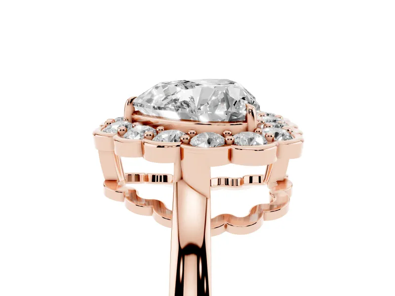 Heart-Shaped Scalloped Cluster Halo Engagement Ring Setting | Plain Band | Rose Gold