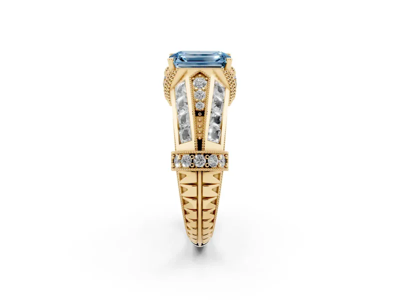 Fancy Blue Emerald Cut Diamond Vintage-Inspired Milgrain Ring Set in Yellow gold with Accent Split Shank