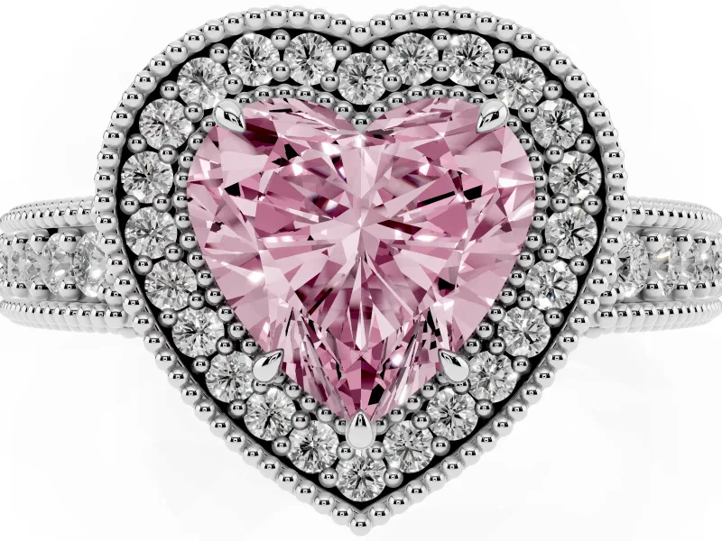 Fancy Pink Heart Cut Diamond Halo Ring Set in White gold with Round Accent Halo, Pavé Band and Prong Setting