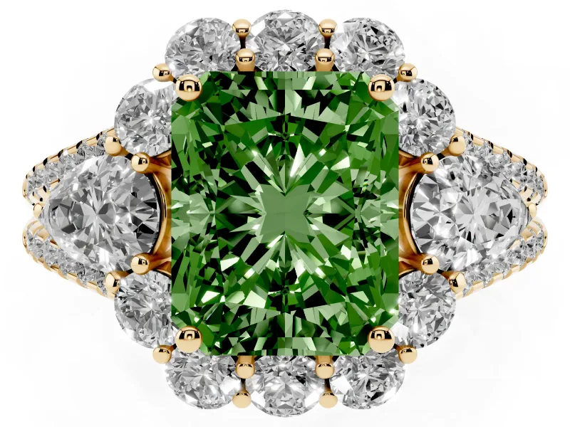Fancy Green Radiant Cut Diamond Halo Split Shank Engagement Ring Set in Yellow gold with Prong-Held Center Stone