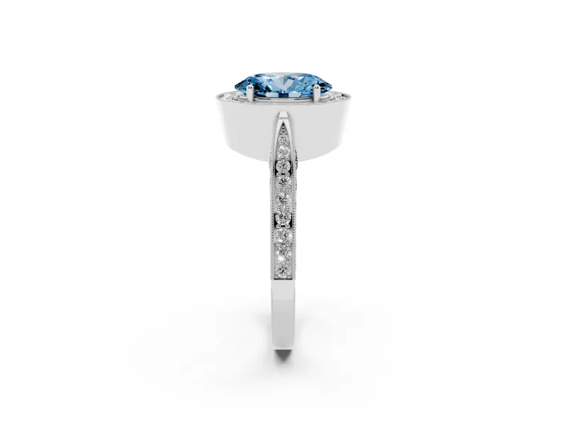 Oval Milgrain Halo Engagement Ring Setting for a Fancy Blue Lab-Grown Diamond | Side Stones | Sterling Silver